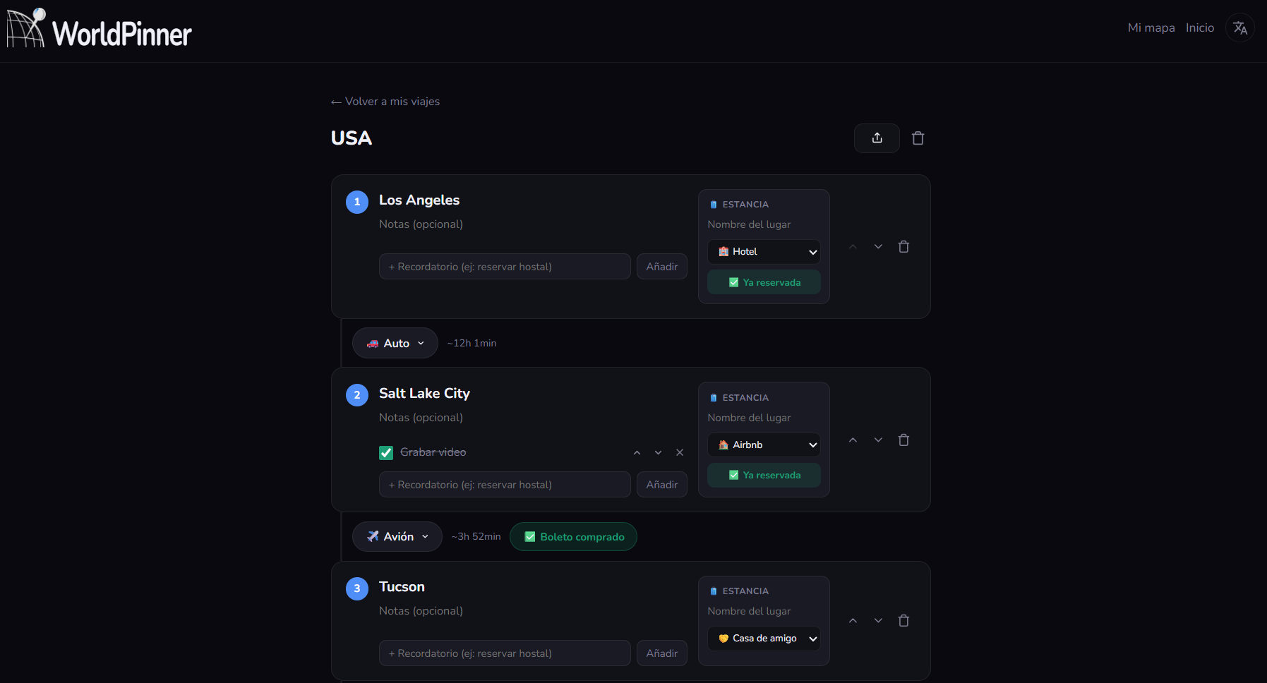Planeador de itinerario de WorldPinner con paradas, transporte y reservas