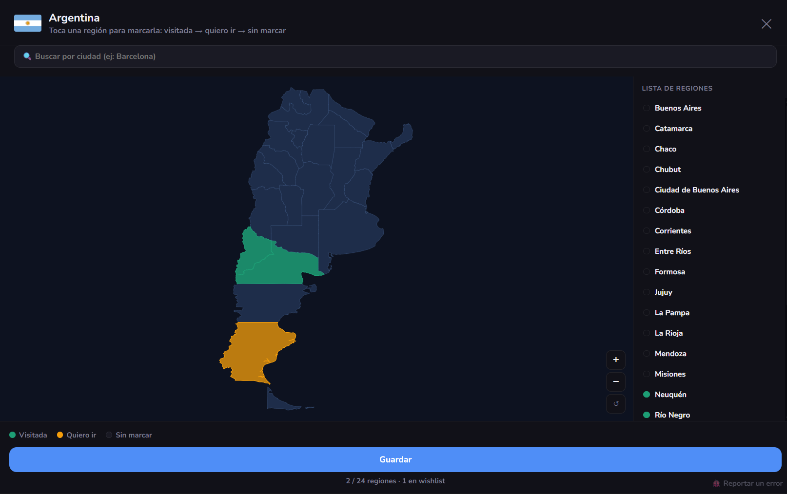 Mapa de regiones de Argentina en WorldPinner marcando provincias visitadas y por visitar