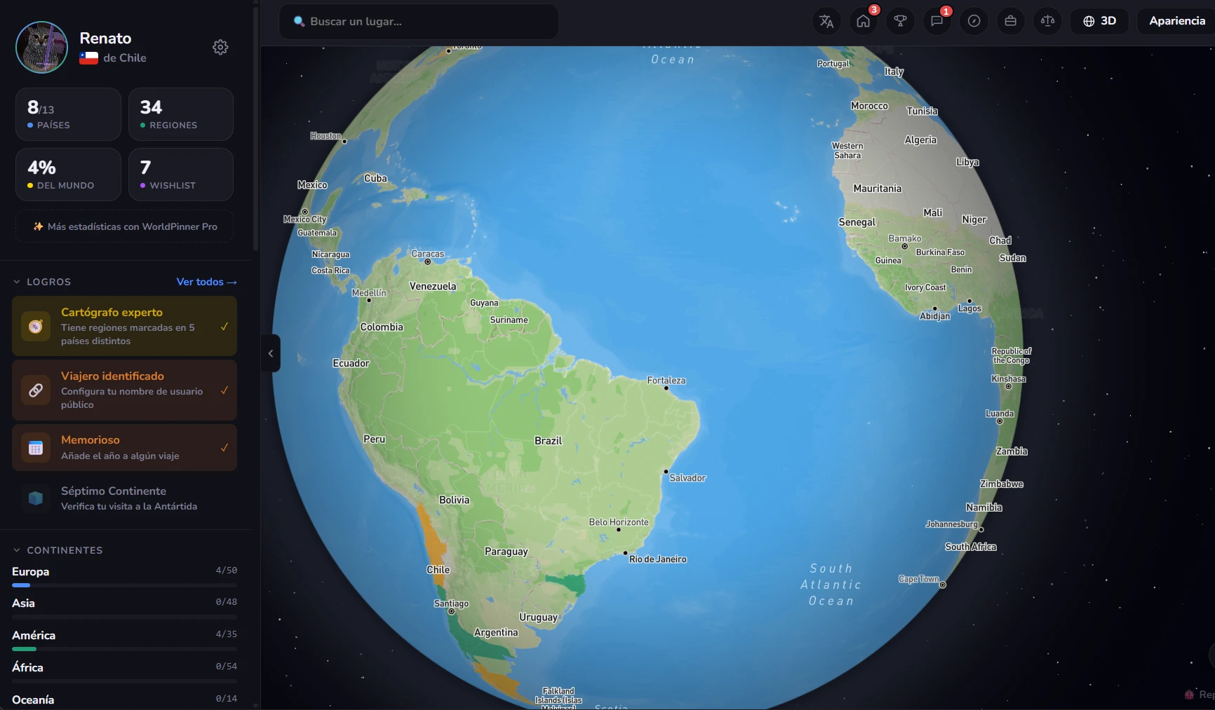 Mapa de WorldPinner mostrando países y regiones visitadas en un globo 3D